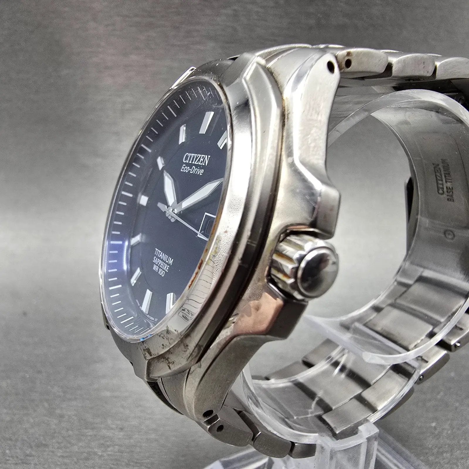 Citizen Eco-Drive Watch Men 43mm Blue Dial Titanium Date E111-S078369 Runs2