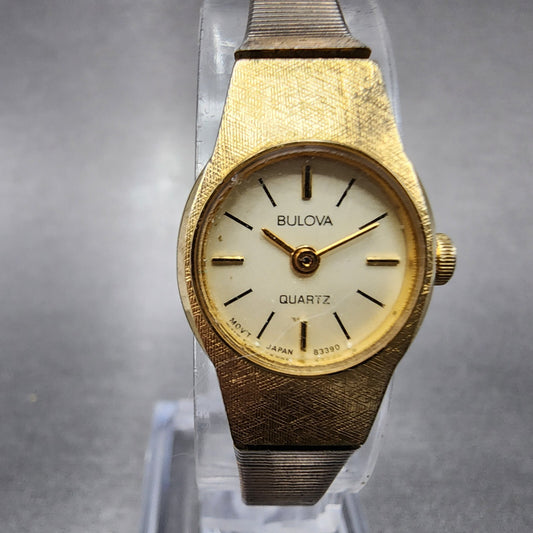VTG Bulova Watch Women 17mm Cream Dial Gold Tone Round 83390 New Battery0