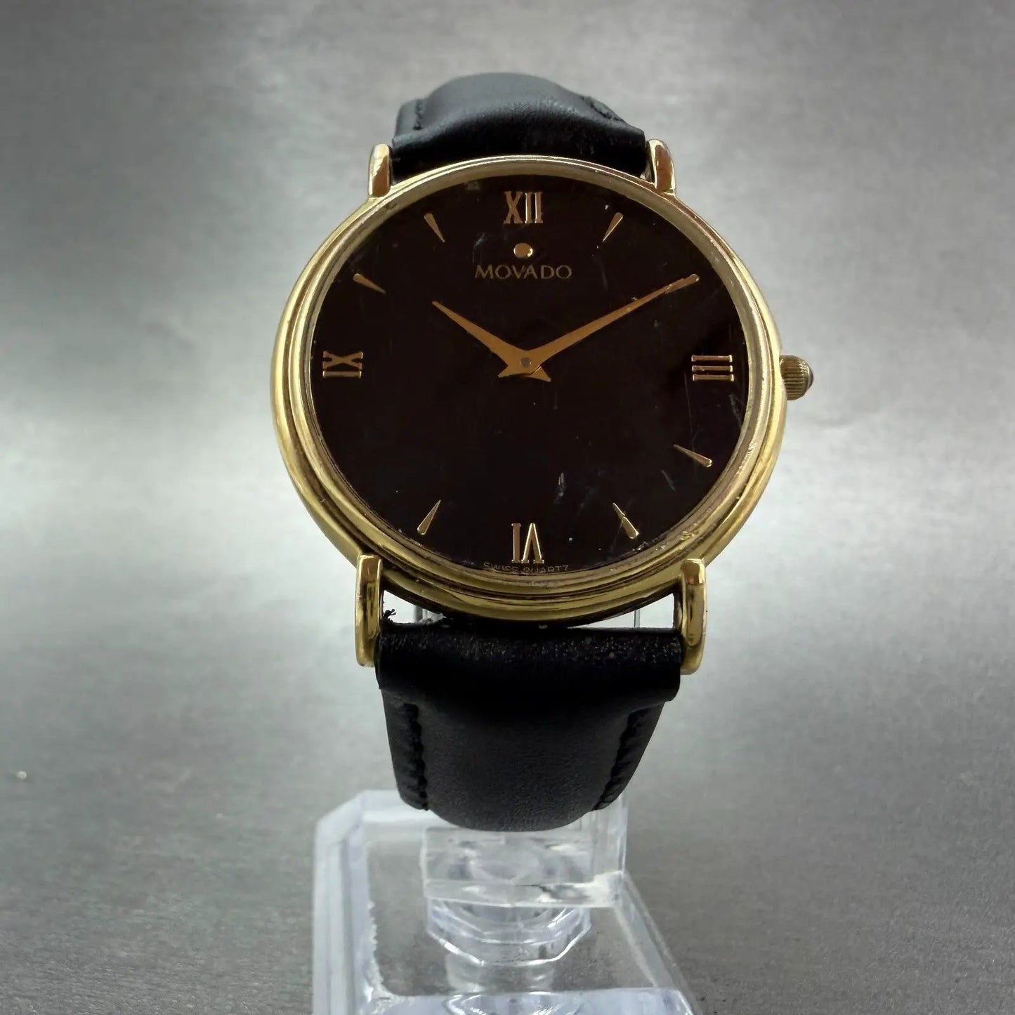 Movado Watch Men 34mm Black Dial Gold Tone Round 87-E4-0885 New Battery VTG BG5