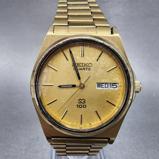 Seiko SQ 100 Watch Men 33mm Gold Dial Gold Tone Daydate Round 8123-6150 PARTS