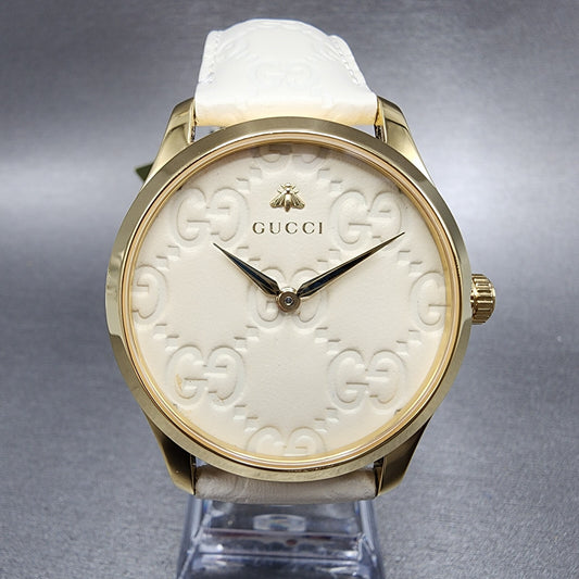 Gucci GTimeless Watch Women 38mm White Dial Gold Tone Round Leather YA12640330