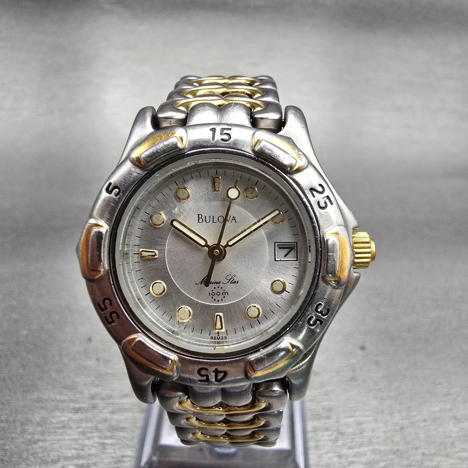 Bulova Marine Star Watch Women 27mm Silver Dial Two Tone Date 98M39 New Battery0