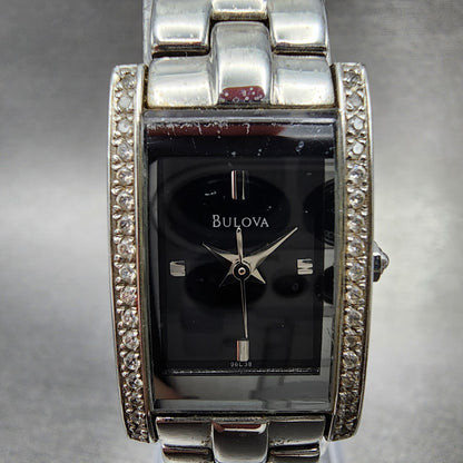 Bulova Tank Watch Women 18mm Black Dial Steel Crystals Rectangle New Battery