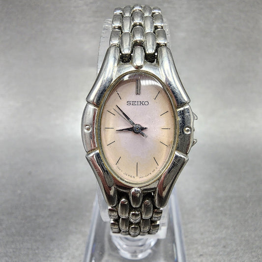Seiko Watch Women 20mm Pink Dial Silver Tone Oval NO CROWN 1N01-0GS0 New Battery