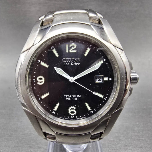 Citizen Eco-Drive Watch Men 41mm Black Dial Titanium Date E111-K006368 Runs0