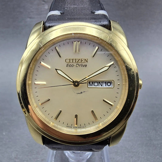 Citizen Eco-Drive Watch Men 35mm Champagne Dial Gold Tone Daydate Round Runs0