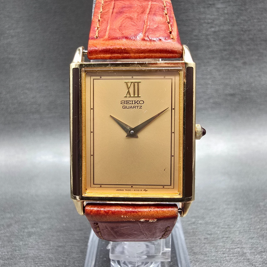 Seiko Tan Watch Men 24mm Gold Dial Gold Tone Rectangle 7430-564A New Battery VTG0