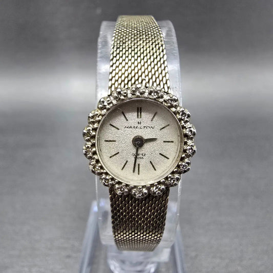 Hamilton 14mm White Dial Gold Plated Diamond Bezel Round Mesh Band 8876 PARTS0