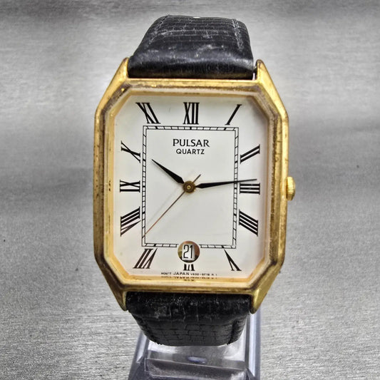 Seiko Pulsar Watch Men 28mm White Dial Gold Tone Date V532-5A90 New Battery VTG0