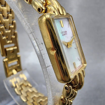 Citizen Tank Watch Women 13mm MOP Dial Gold Tone Rectangle 5421S036505 New Batt3