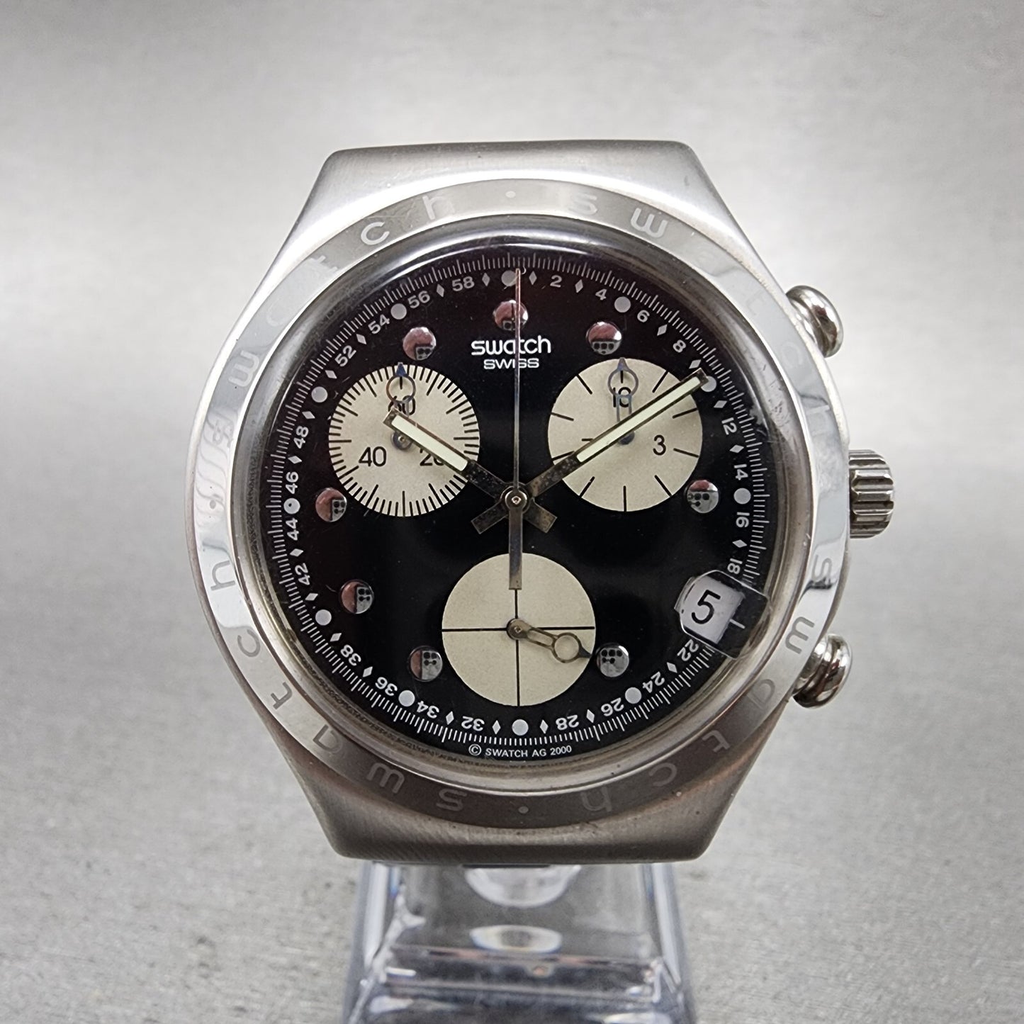 Swatch Irony Chrono Wisdom Watch Men 40mm Black Dial Steel Date Round New Batt0