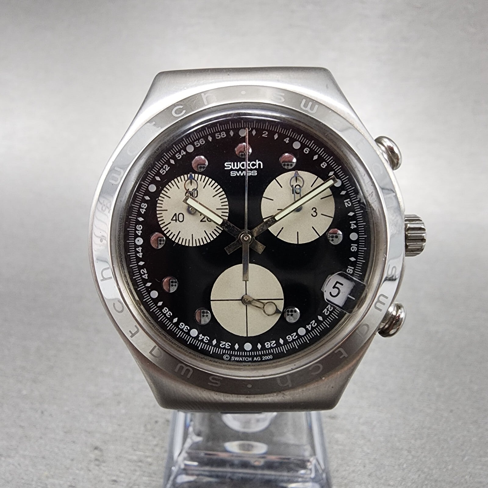 Swatch Irony Chrono Wisdom Watch Men 40mm Black Dial Steel Date Round New Batt0