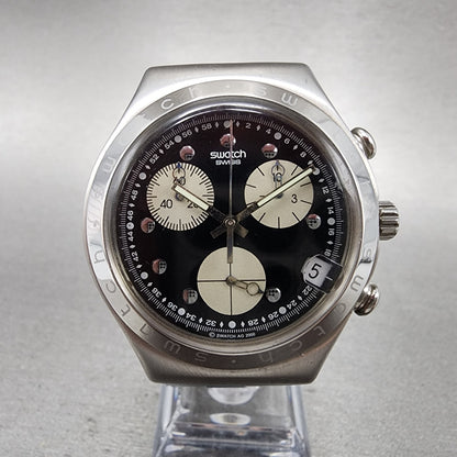 Swatch Irony Chrono Wisdom Watch Men 40mm Black Dial Steel Date Round New Batt0
