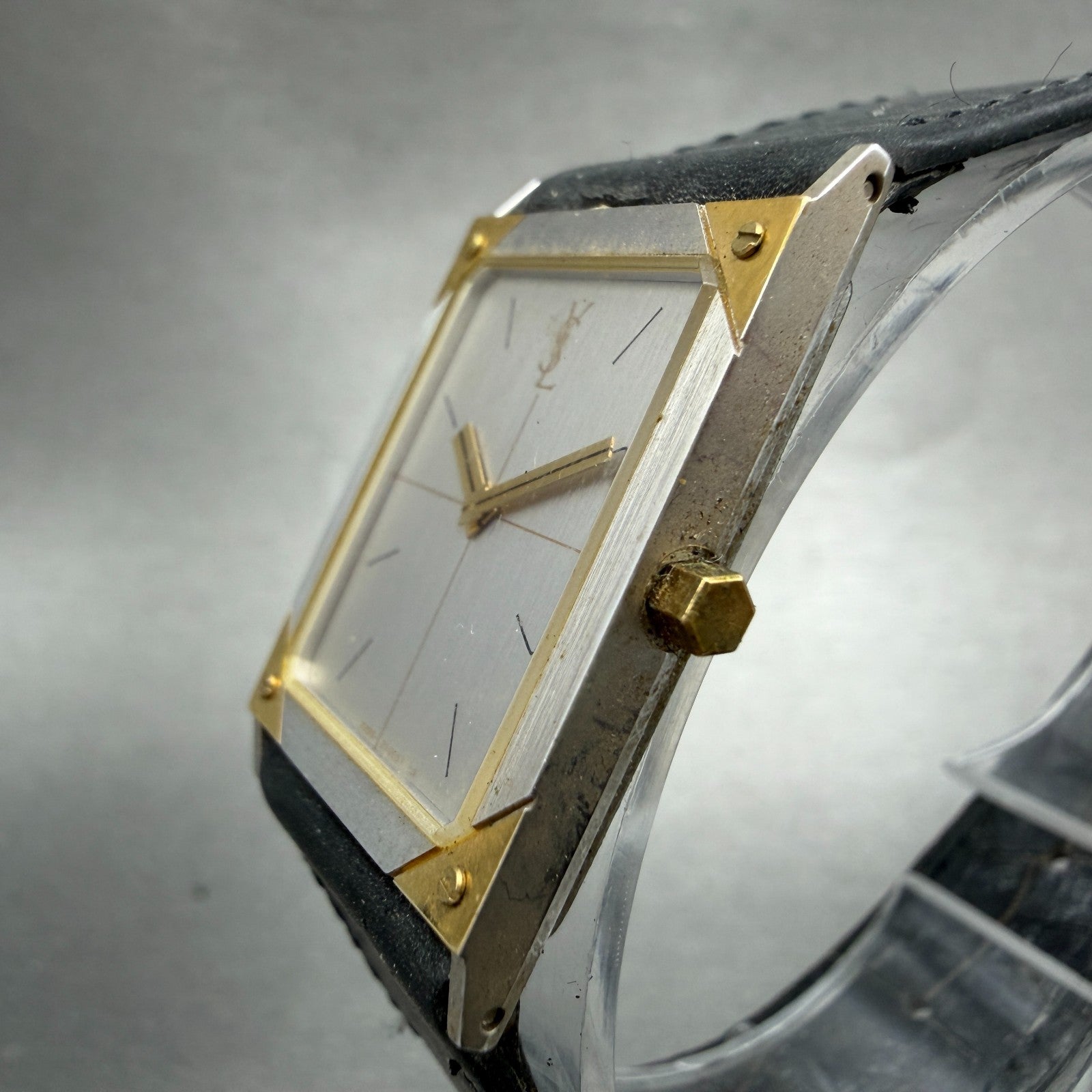 Yves Saint Laurent Tank Watch Men 23mm Silver Dial Two Tone Rectangle New Batt2