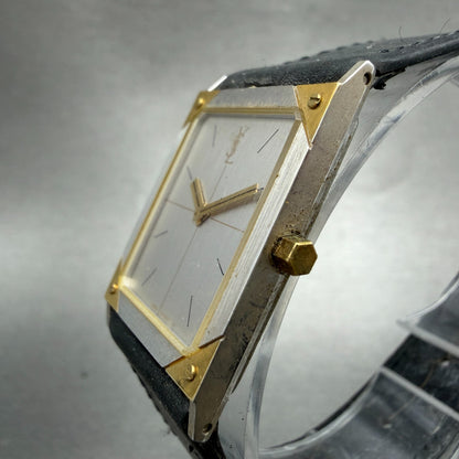 Yves Saint Laurent Tank Watch Men 23mm Silver Dial Two Tone Rectangle New Batt2