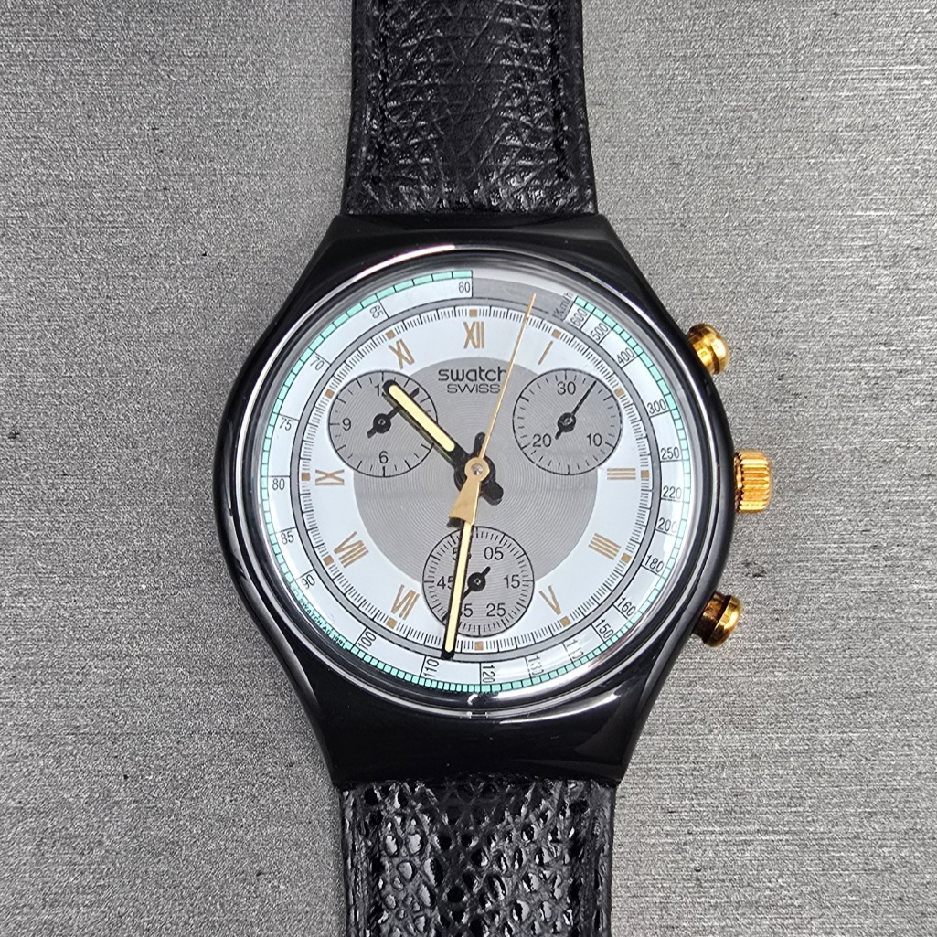 Swatch Chrono Colossal Watch Men 38mm Silver Dial Black Case SCB109 New Batt NOS0