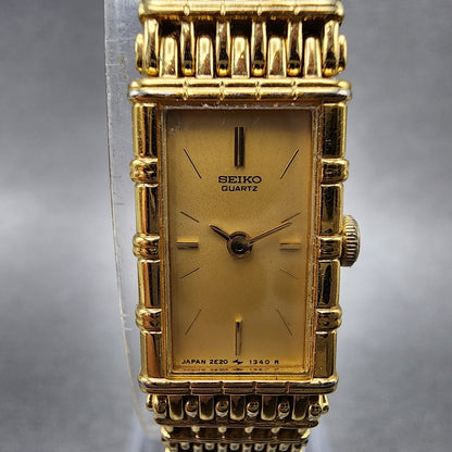 Seiko Tank Watch Women 12mm Champagne Dial Gold Tone 2e206109 New Battery1