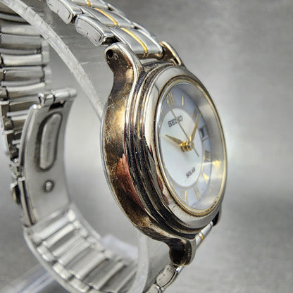 Seiko Solar Watch Women 28mm MOP Dial Two Tone Date Round V182-0C70 Runs