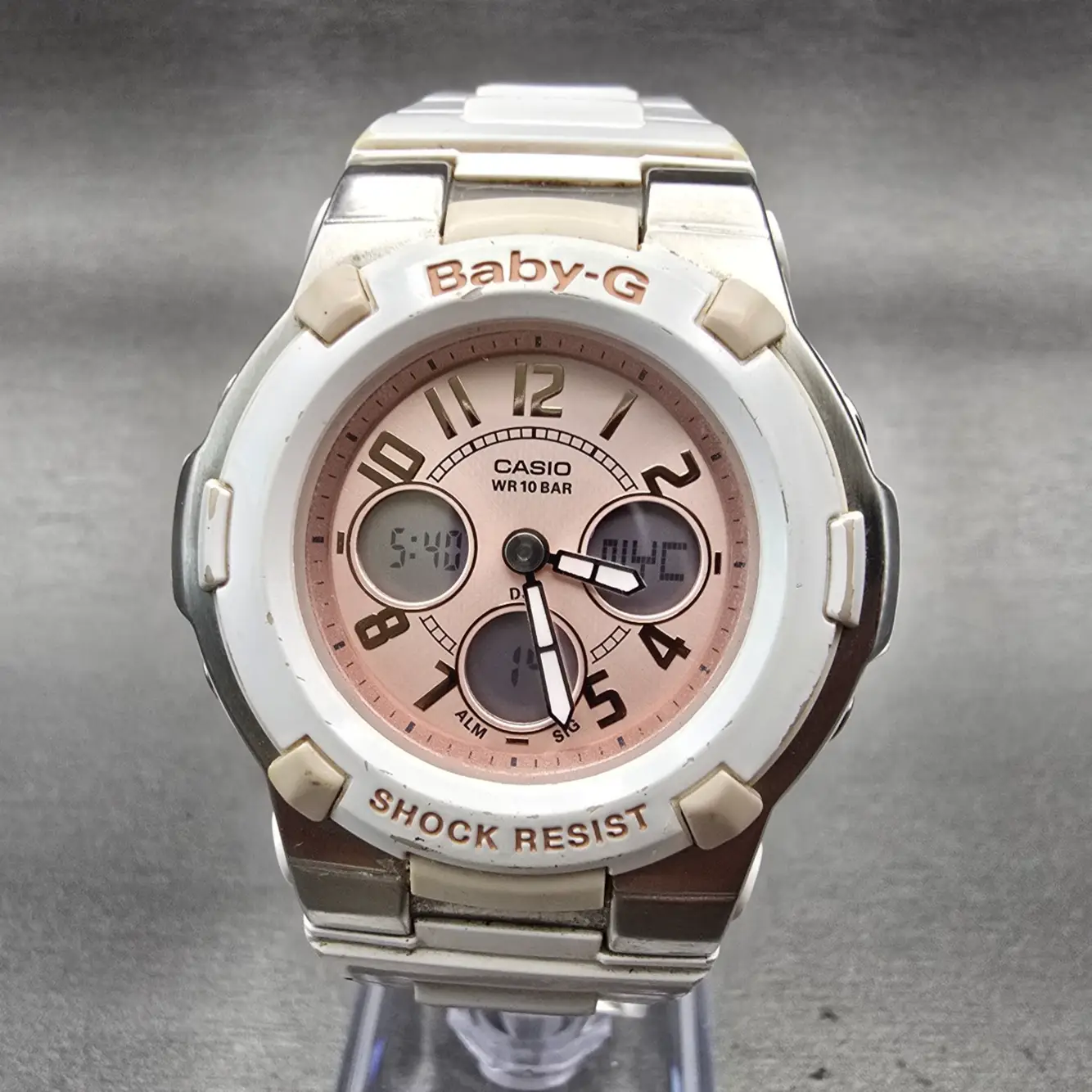 Casio Baby-G BGA-110 Watch Women 40mm Pink Dial White Chrono Alarm New Battery0