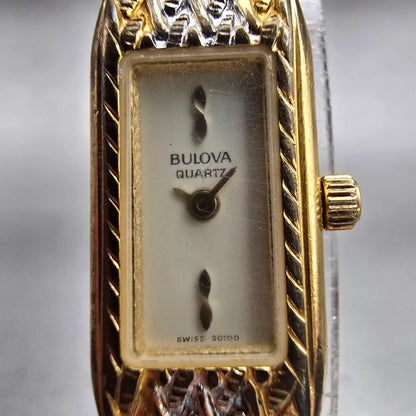 Bulova Watch Women 12mm White Dial Two Tone Rectangle Vintage 90T00 New Battery1