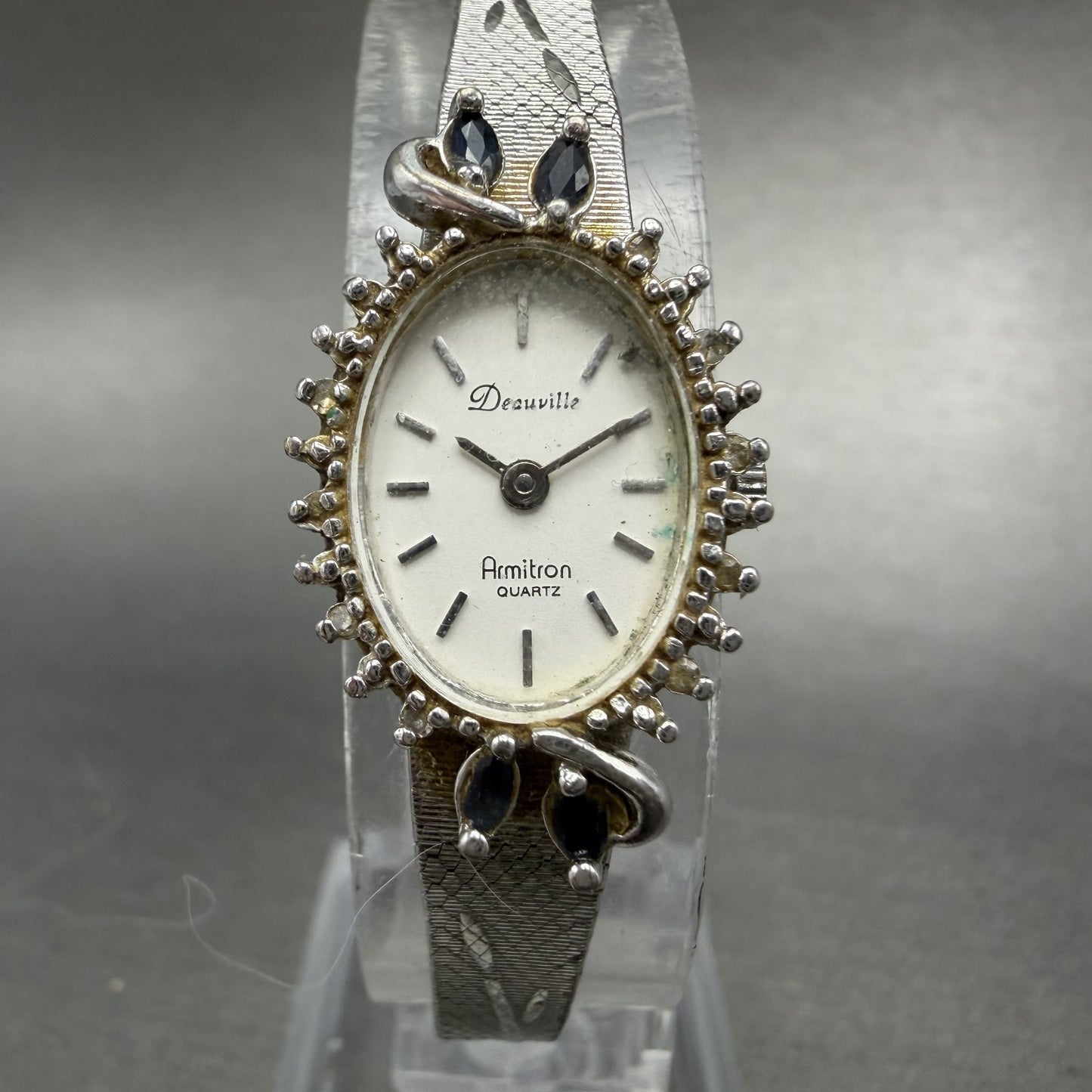 Armitron Deauville Watch Women White Dial Silver Tone Blue gems Oval PARTS0