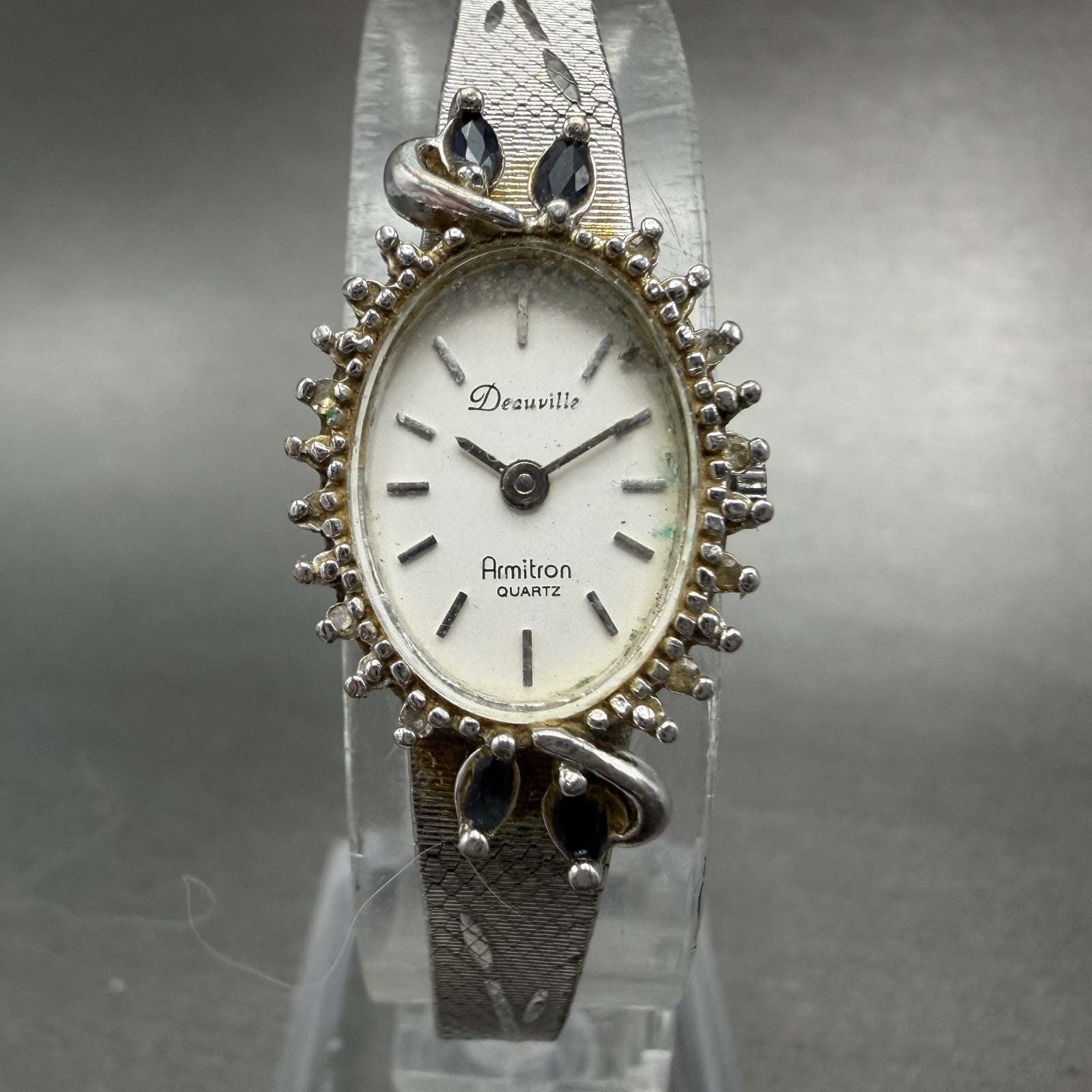 Armitron Deauville Watch Women White Dial Silver Tone Blue gems Oval PARTS0