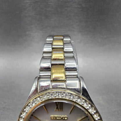 Seiko Solar Watch Women 28mm MOP Dial Two Tone Date Gemmed V137-0AA0 Works JP 954