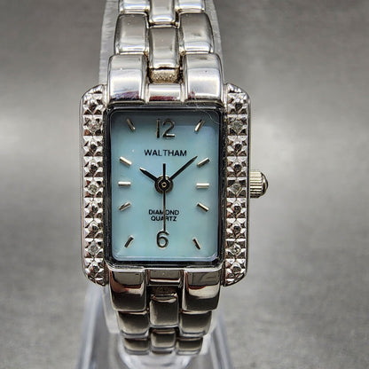 Waltham Tank Watch Women 17mm Blue MOP Dial Silver Tone Rectangle New Battery0