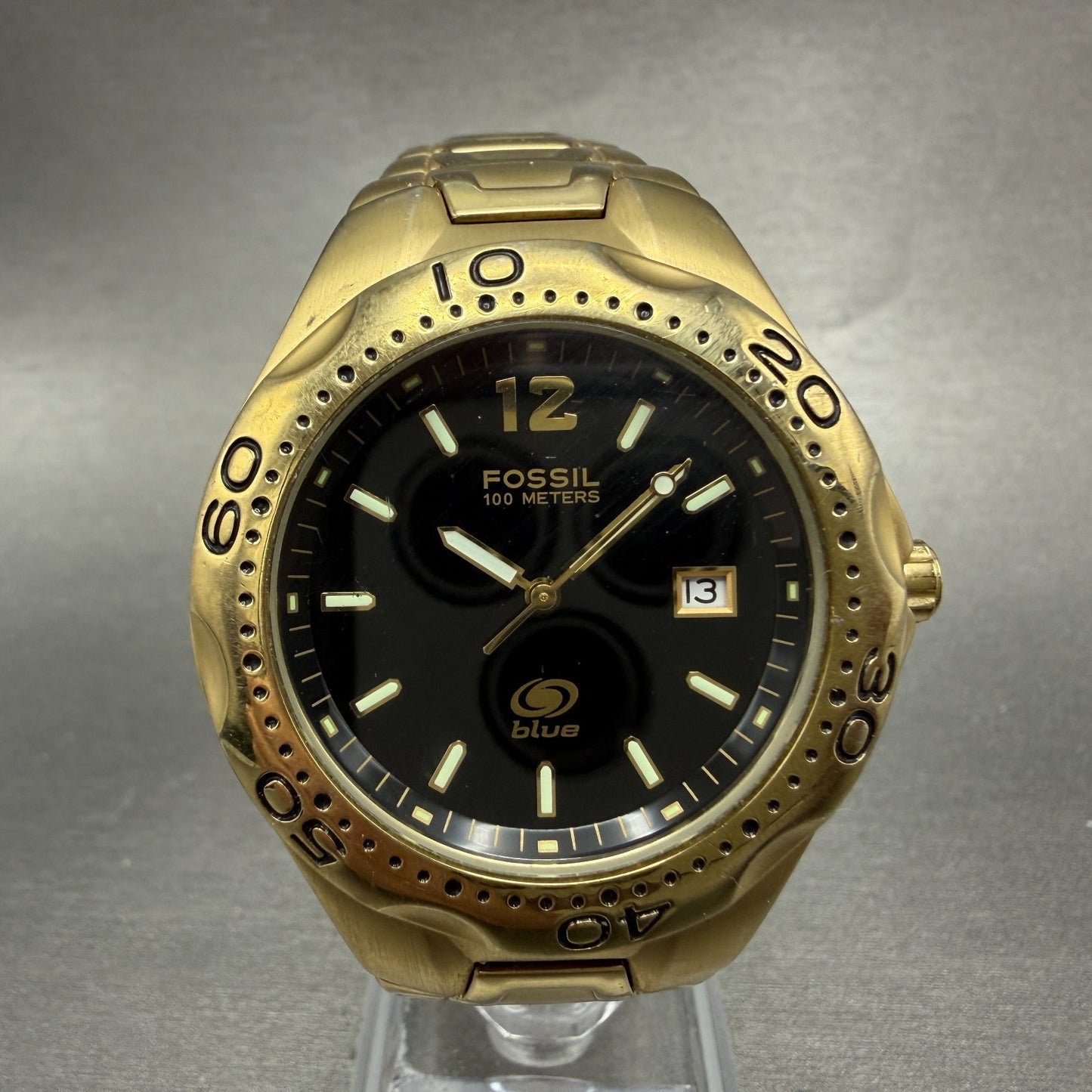 Fossil Dive Watch Men 40mm Black Dial Gold Tone Date Round AM-3542 New Battery0