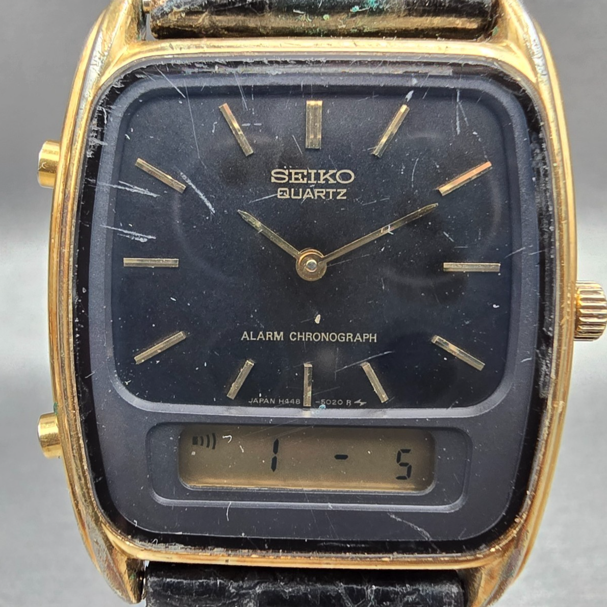 Seiko Watch Men 30mm Black Dial Gold Chronograph Alarm H448-5029 New Battery VTG1