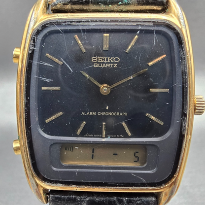 Seiko Watch Men 30mm Black Dial Gold Chronograph Alarm H448-5029 New Battery VTG1