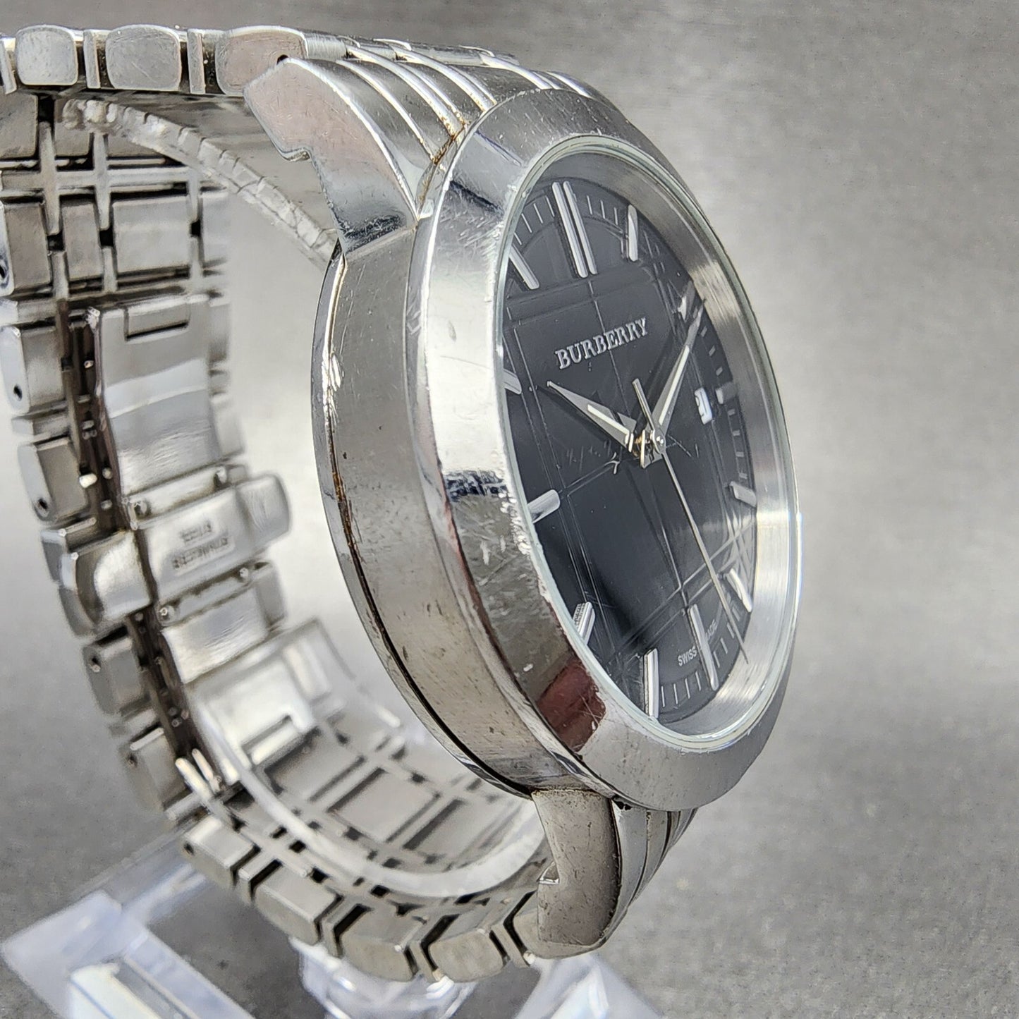 Burberry Watch Men 38mm Black Dial Steel Date Round BU1364 New Battery