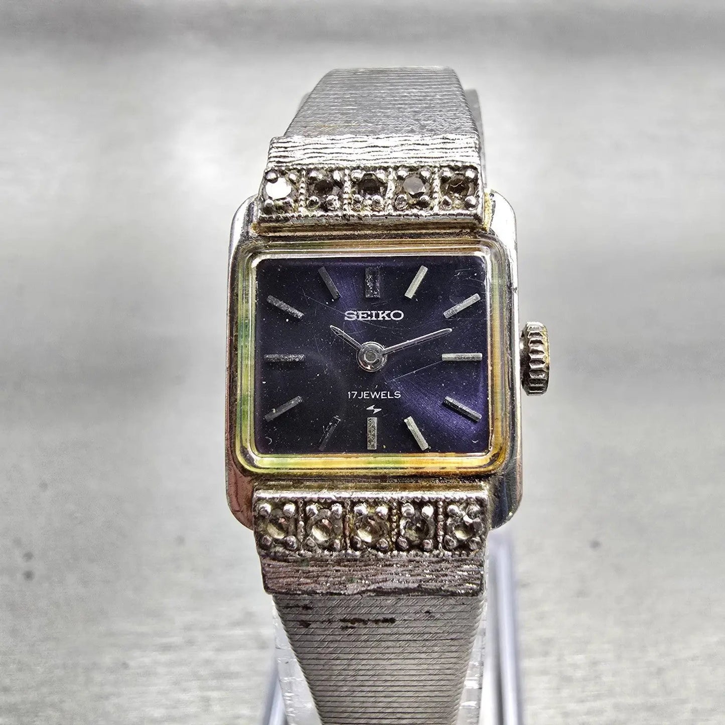 Seiko Watch Women 17mm Blue Dial Silver Tone Rectangle 21-3141 Manual Wind VTG0