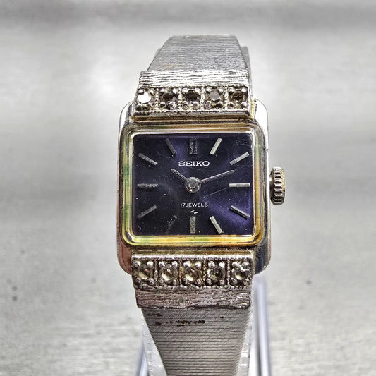 Seiko Watch Women 17mm Blue Dial Silver Tone Rectangle 21-3141 Manual Wind VTG0