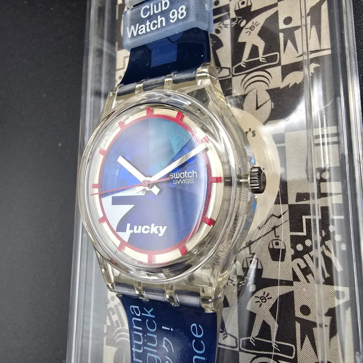 Swatch Access Lucky 7 Watch Men 34mm Blue Dial Clear Case SKZ116 New Battery NOS5