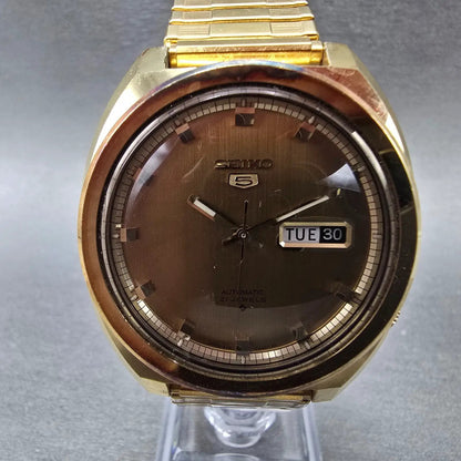 Seiko 5 Automatic Watch Men 39mm Gold Dial Gold Daydate Round 6119-8273 Works0