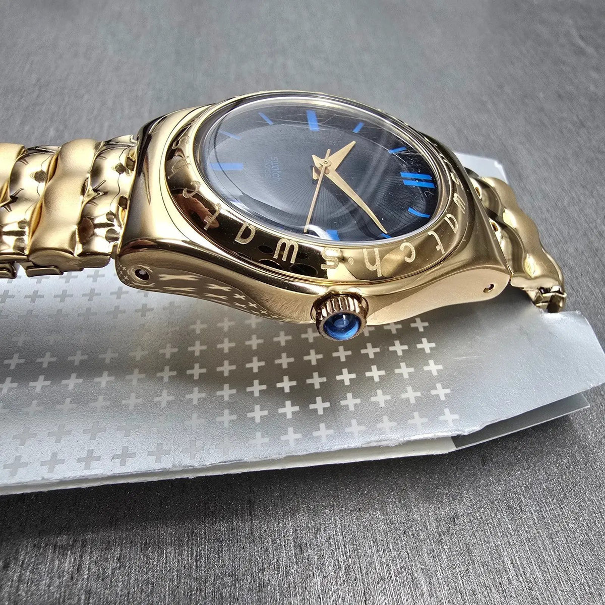 Swatch Irony Medium Evensong Watch Men 33mm Blue Dial Gold YLG110 New Batt NOS5
