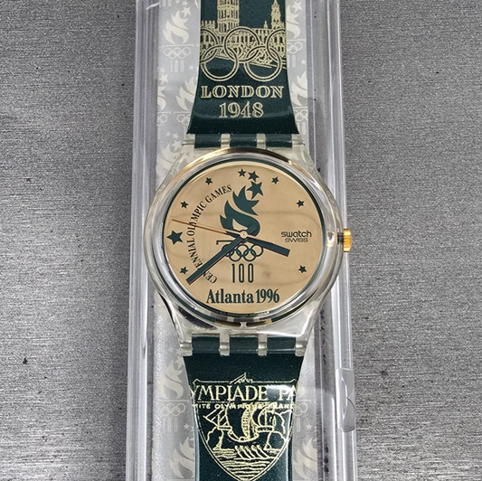 Swatch Atlanta 1996 Watch Men 34mm Gold Dial Clear Case GZ136 New Battery NOS0