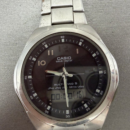 Casio Wave Ceptor Watch Men 41mm Black Dial Steel Analog Digital Solar READ!!!!!1