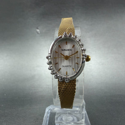 Gruen Watch Women 16mm White Dial Gold Tone Oval Diamond Bezel New Battery ABC5