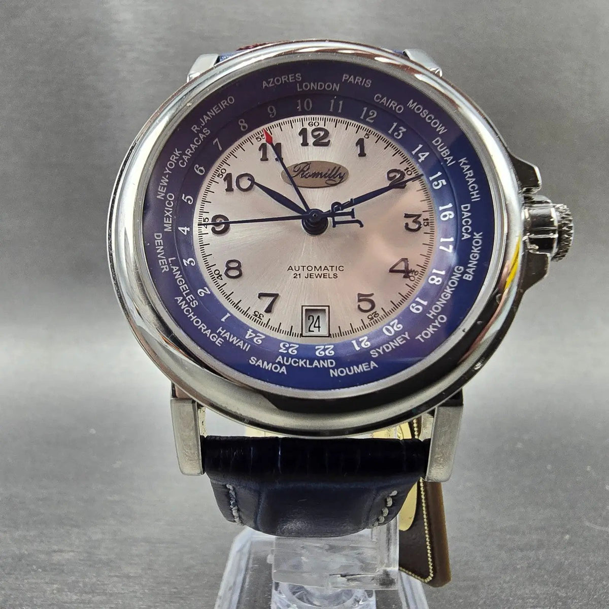Romilly Automatic Watch Men 42mm Silver Dial Steel Date GMT Round 60504-406 Runs5