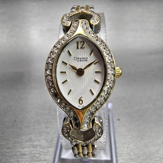 Bulova Caravelle Watch Women 18mm White Dial Silver Tone Gemmed 45L96 New Batt0