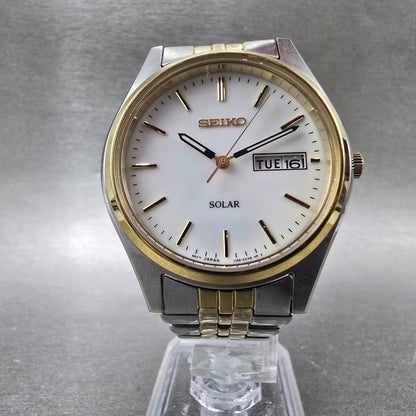 Seiko Solar Watch Men 37mm White Dial Two Tone Daydate Round V158-0AA0 Works JP25