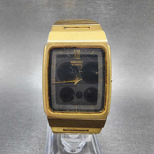 Seiko Tank Watch Men 26mm Black Dial Gold Tone Rectangle 5Y30-5B59 READ!!!! Runs