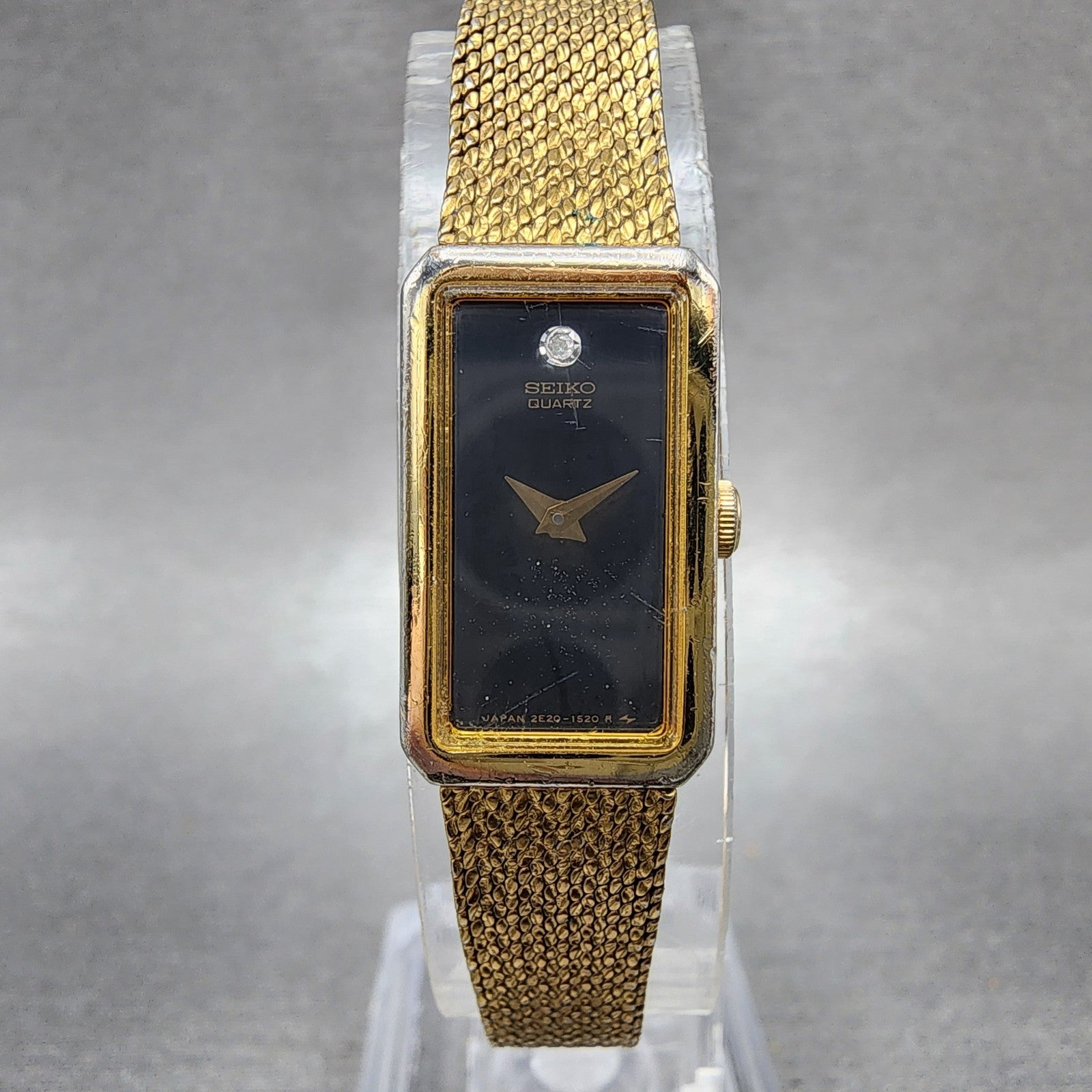 Seiko Tank Watch Women 13mm Black Dial Gold Tone Rectangle 2e206239 New Battery0