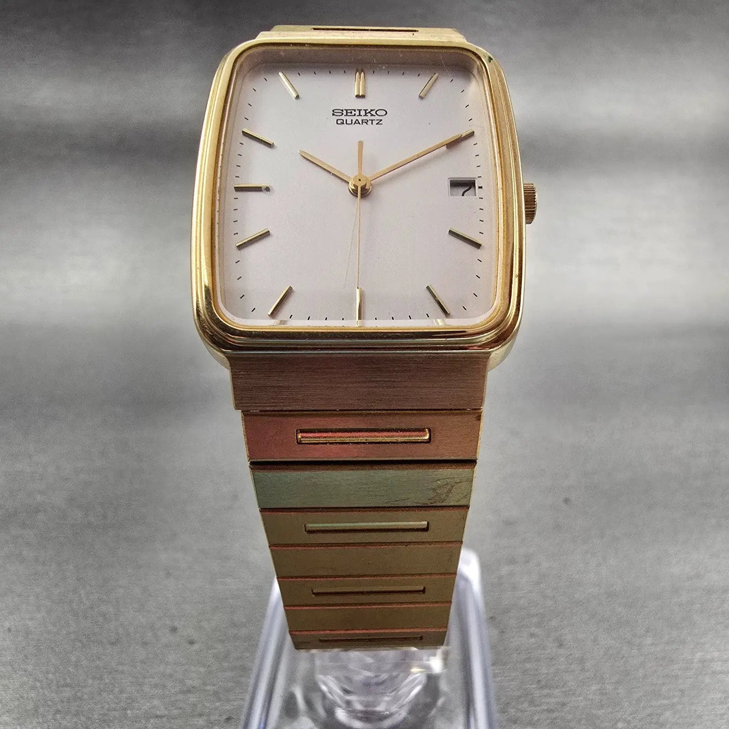 Seiko Watch Men 26mm White Dial Gold Tone Date Rectangle 5Y32-5A09 New Battery5