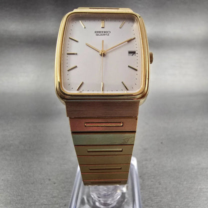 Seiko Watch Men 26mm White Dial Gold Tone Date Rectangle 5Y32-5A09 New Battery5