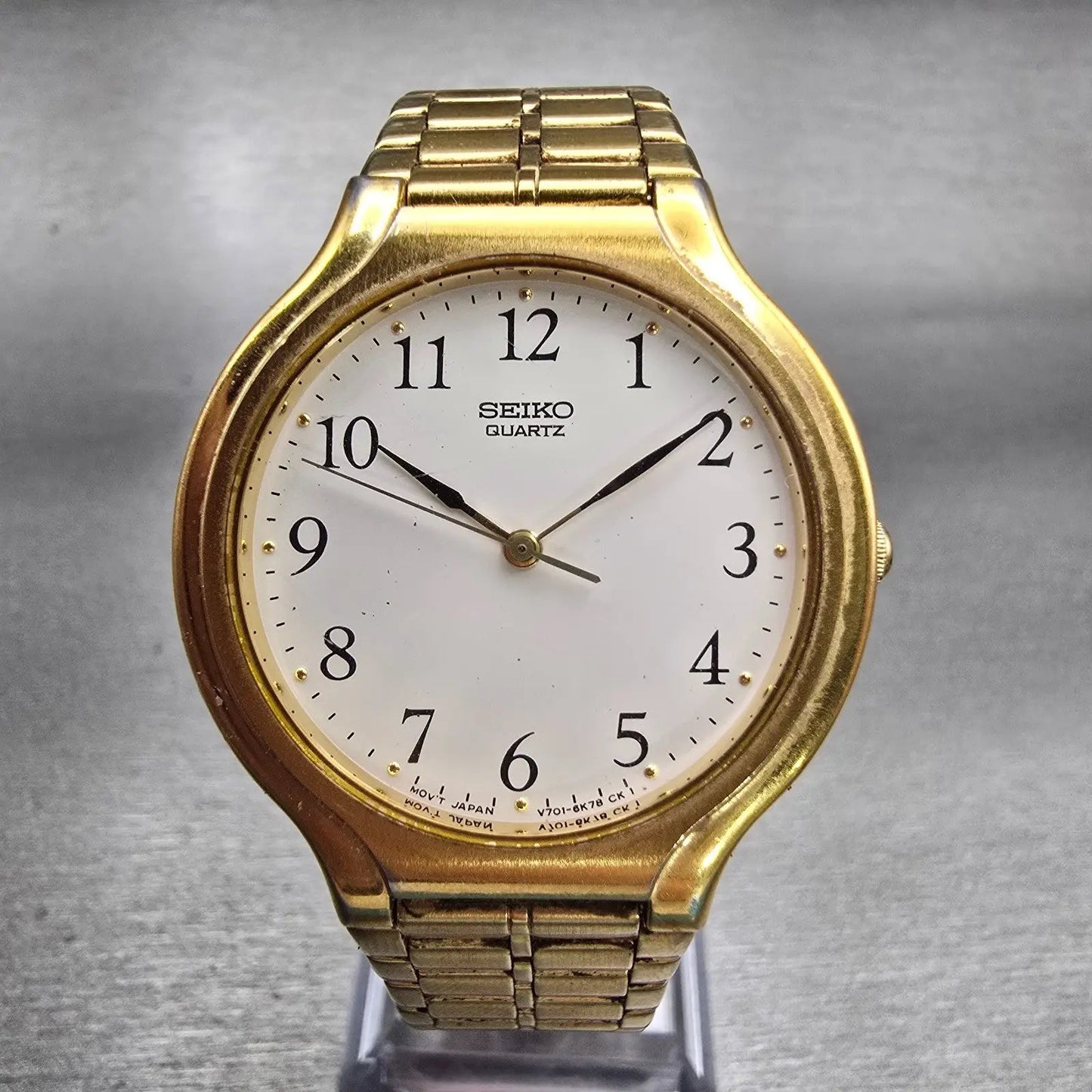 Seiko Watch Men 34mm White Dial Gold Tone Round V701-6K09 New Battery Vintage0