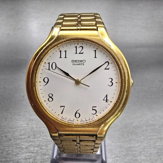 Seiko Watch Men 34mm White Dial Gold Tone Round V701-6K09 New Battery Vintage0
