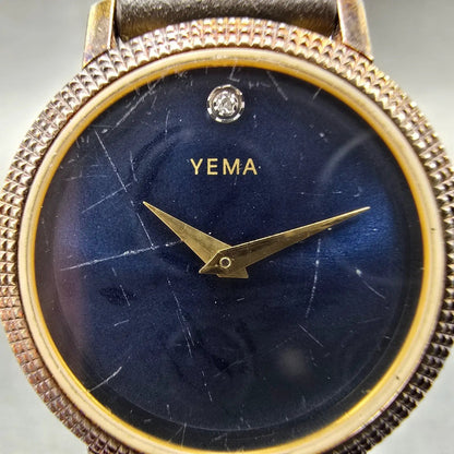Yema Watch Women 25mm Blue Dial Gold Tone Round Leather Band New Battery1